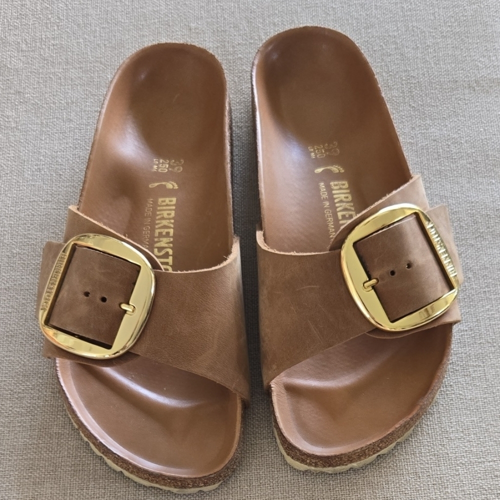 Birkenstock Madrid Brown Sandals with Gold Buckle, barely worn